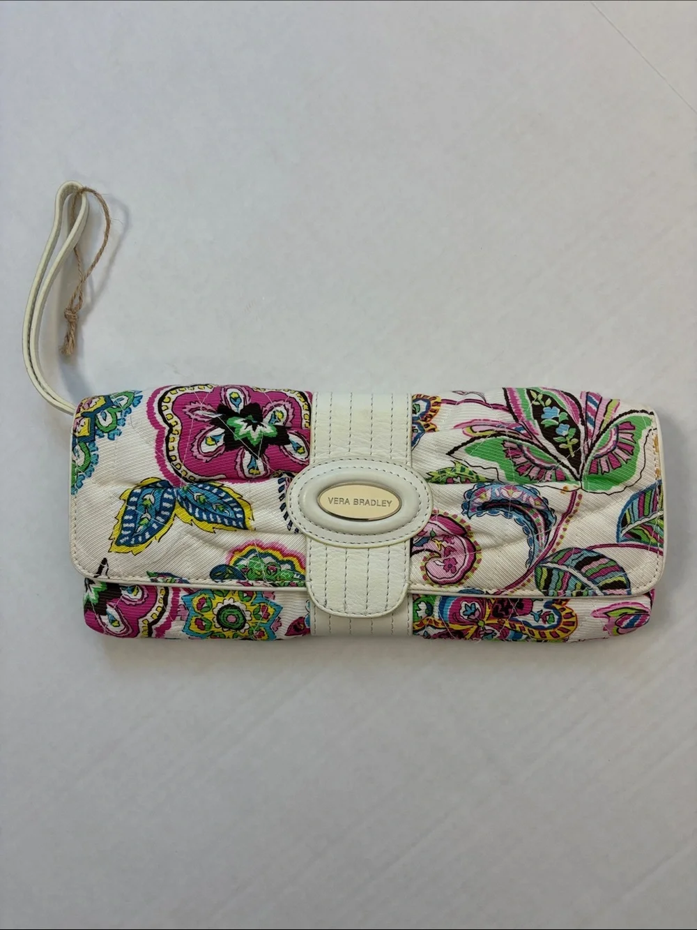 Vera Bradley Paisley Floral Trifold Wallet Wristlet White Pink OS