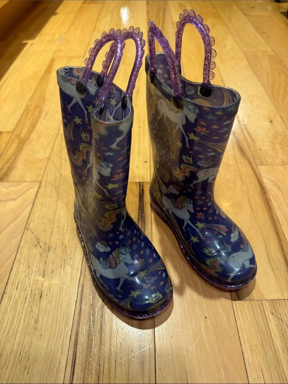 Kids Purple Unicorn Rain Boots with Glitter Handles size 7/8