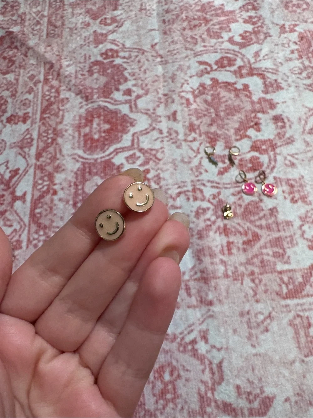 Kids Gold Hoop Earrings with Pink Smiley & Blue Lightning Charms Costume Jewelry