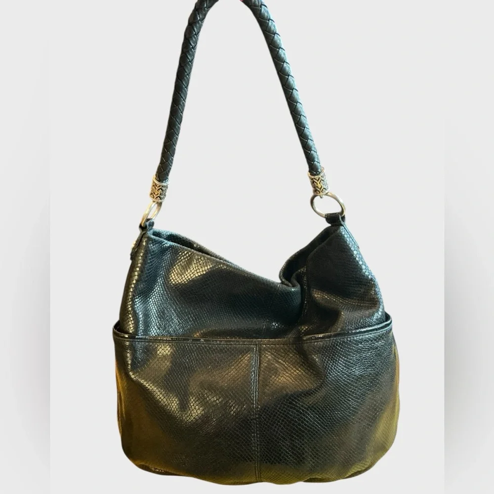 Brighton Black Leather Hobo Bag Snakeskin Embossed Silver Heart