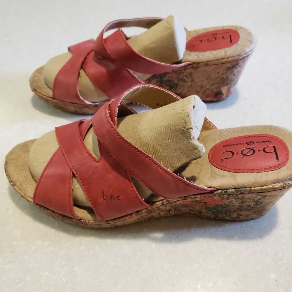 BOC Born Concept Wedge Sandals Sz 9M Red Leather Floral Cork Heels Slip On EUC