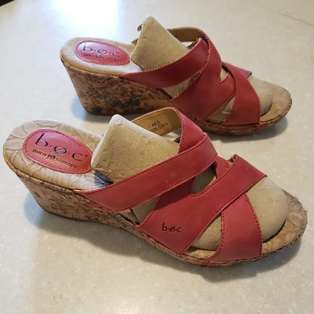 BOC Born Concept Wedge Sandals Sz 9M Red Leather Floral Cork Heels Slip On EUC