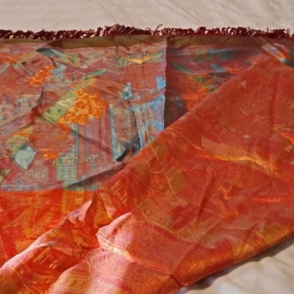 Vintage Asian Brocaded Flowers Silk Embroidered Red Square Fringe Tablecloth