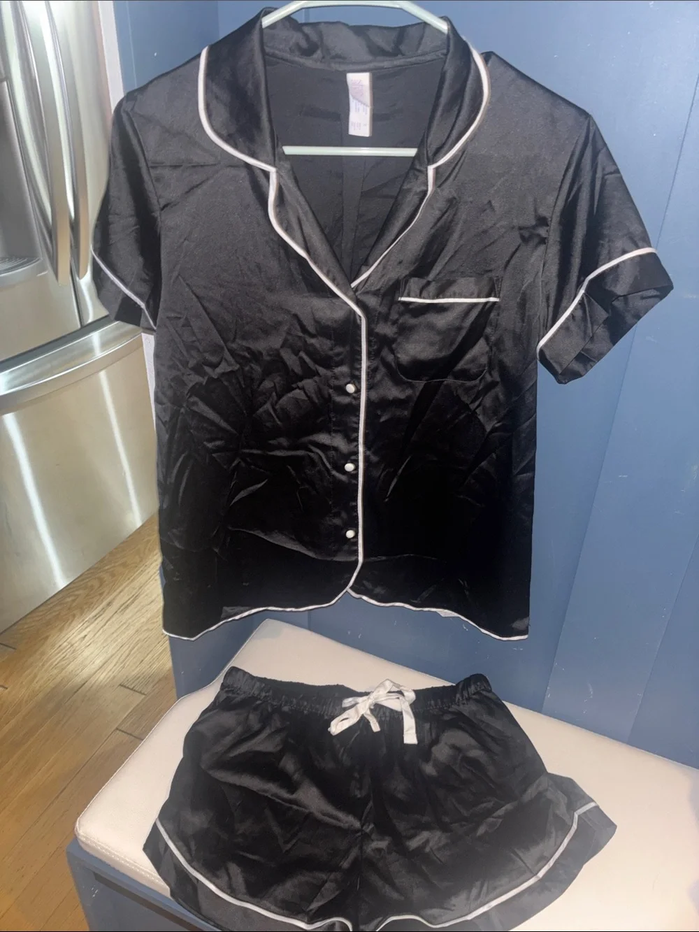 Stars Above Black Satin Short Sleeve Pajama Set with White Piping