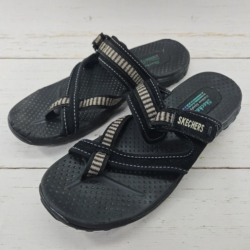 Skechers Reggae Rasta Women 8 Black Tan Flip‎ Flop Thong Sandals Slip On Comfort