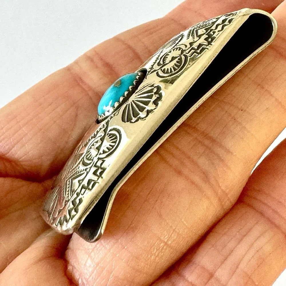Navajo Turquoise Money Clip Sterling Mens Gift Handmade Skeets Shadowbox Stamped