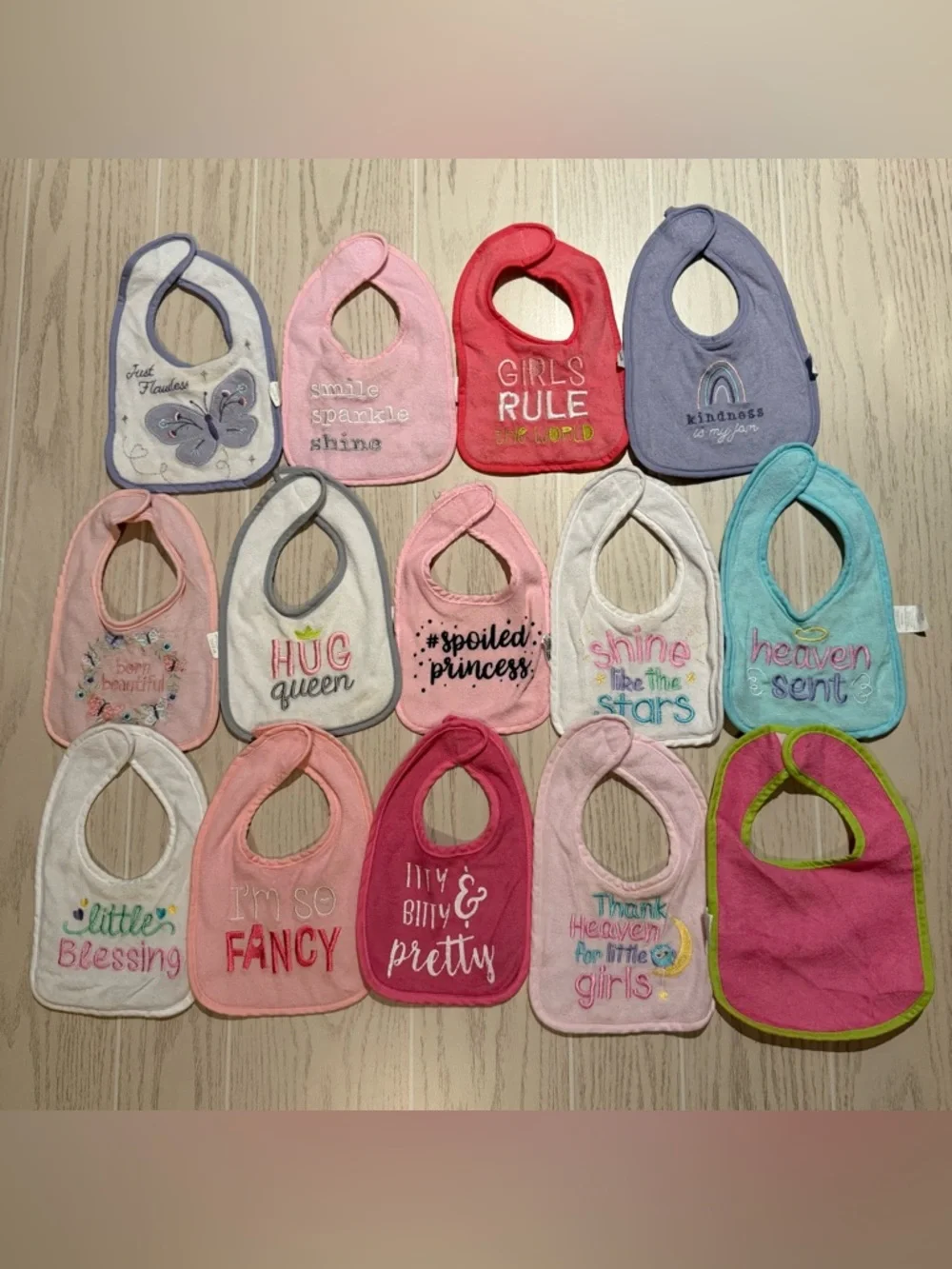 Baby Girl Bib Bundle 14 Pc Pink‎ Cute Sayings Cotton Terry Mixed Brands EUC