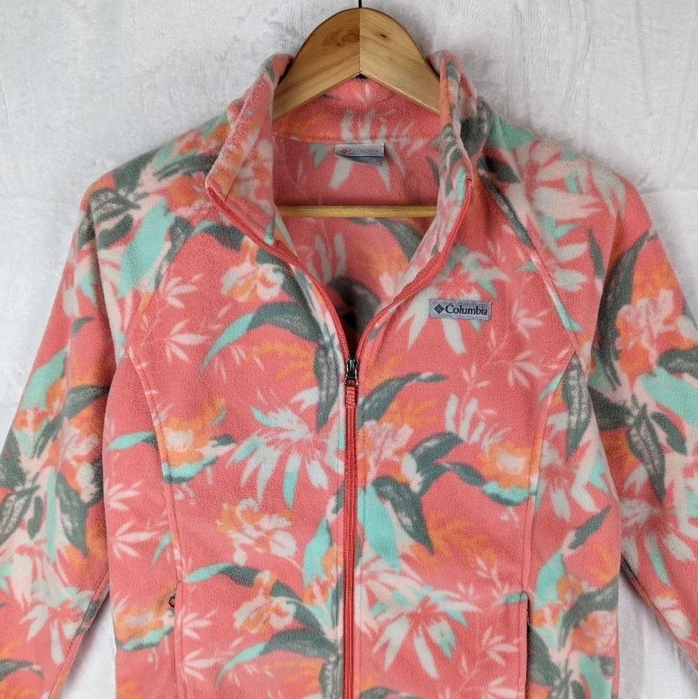Columbia Floral Fleece Jacket‎ Youth XL Peachy Pink Green