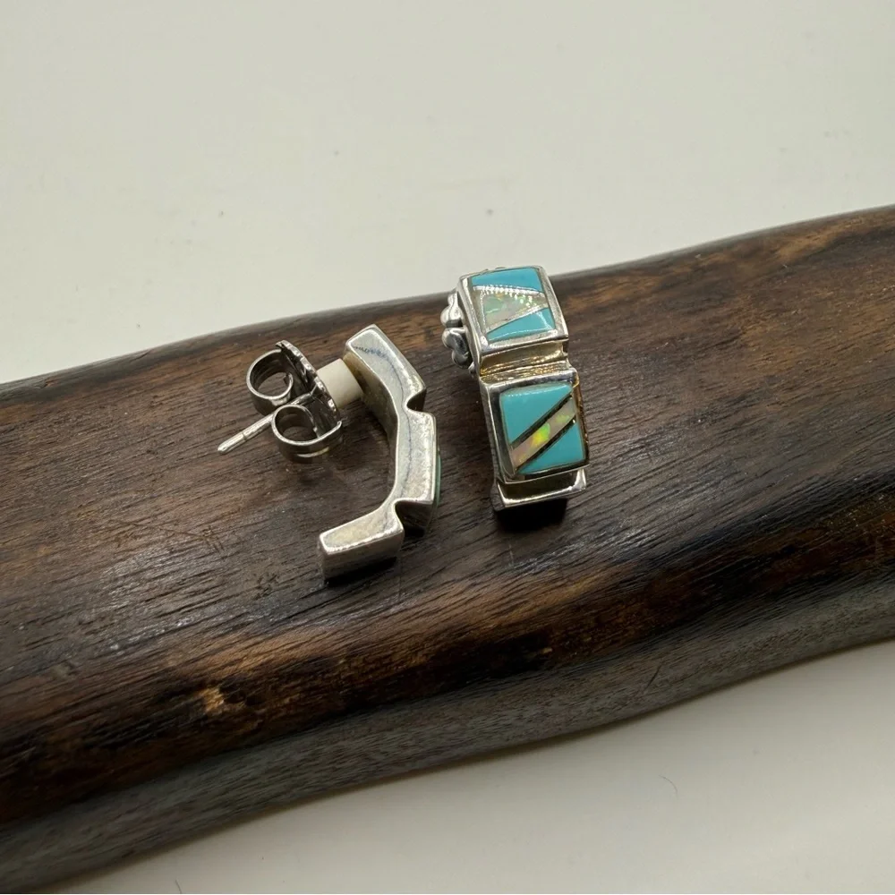 Sterling‎ Silver Turquoise Opal Earrings Half Hoop Pierced 925 Backing Square
