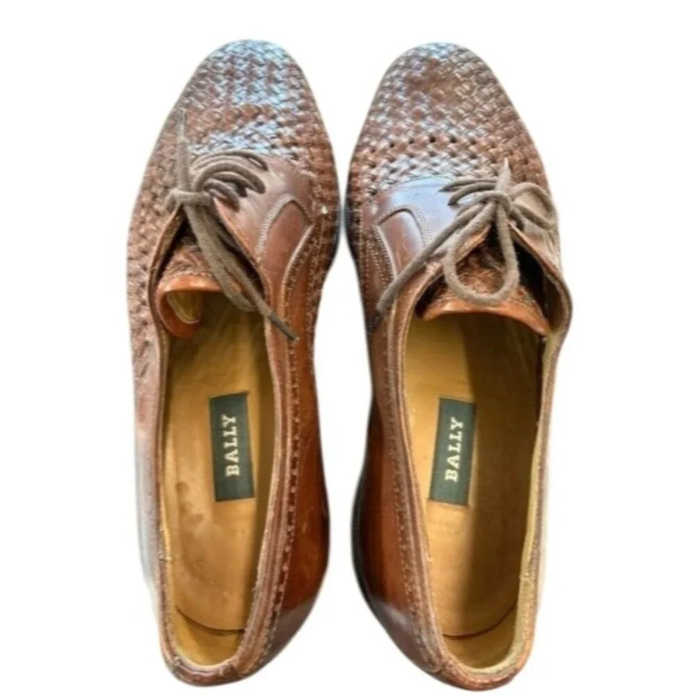 Vintage Bally Mens Brown Woven Leather‎ Oxfords Made In Italy