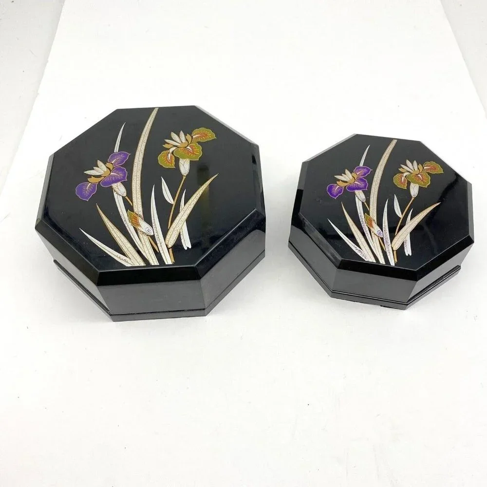 VTG Yamanaka Japan Lacquerware Nesting Boxes‎ Black Floral Trinket 2pc 70s *flaw