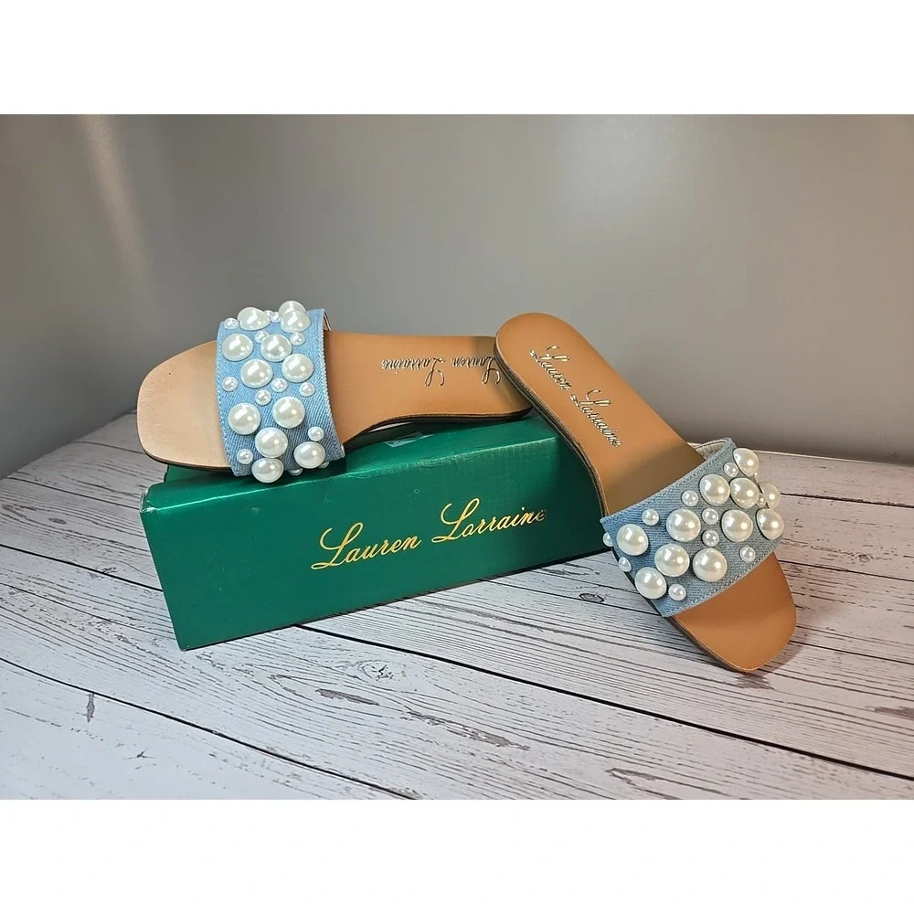 Lauren Lorraine Nilo‎ Pearl Blue Denim Slides Size 6 *New*
