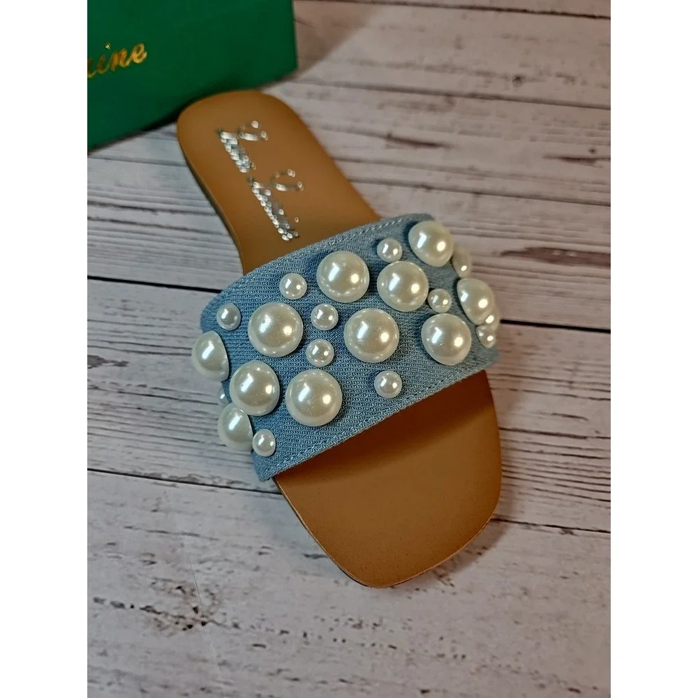 Lauren Lorraine Nilo‎ Pearl Blue Denim Slides Size 6 *New*