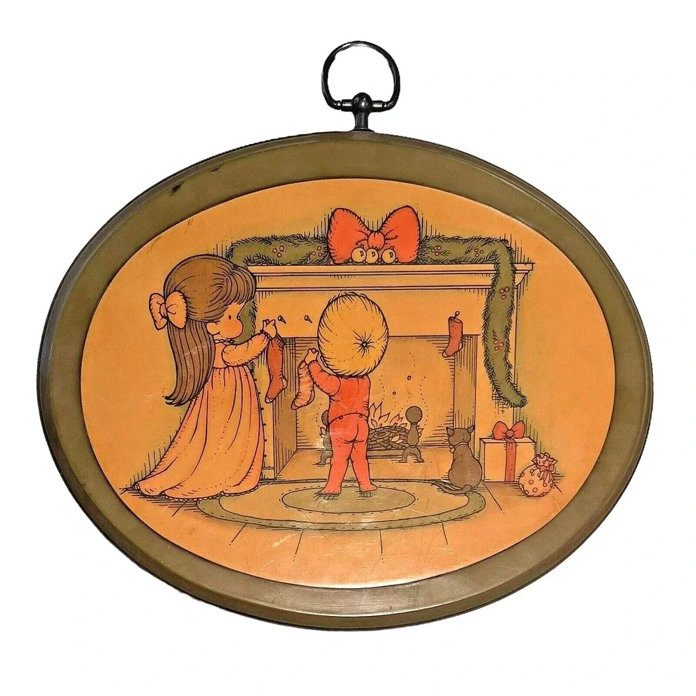 Vintage Joan Walsh Anglund Decoupage‎ Christmas Plaque Children by Fireplace
