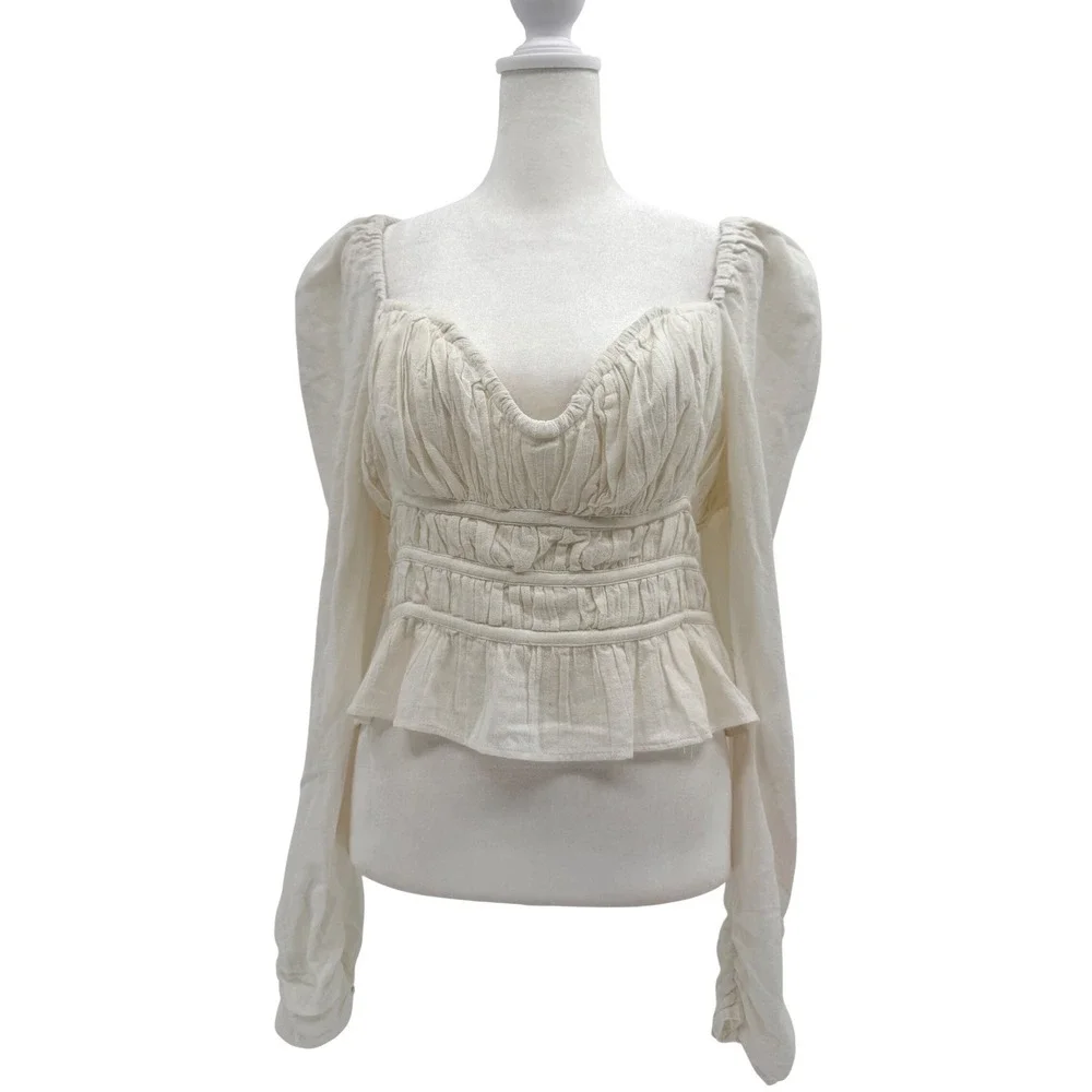 NWT Free People Chloe Smocked Tie Neck Cotton Top Medium White Cream‎ Cottage
