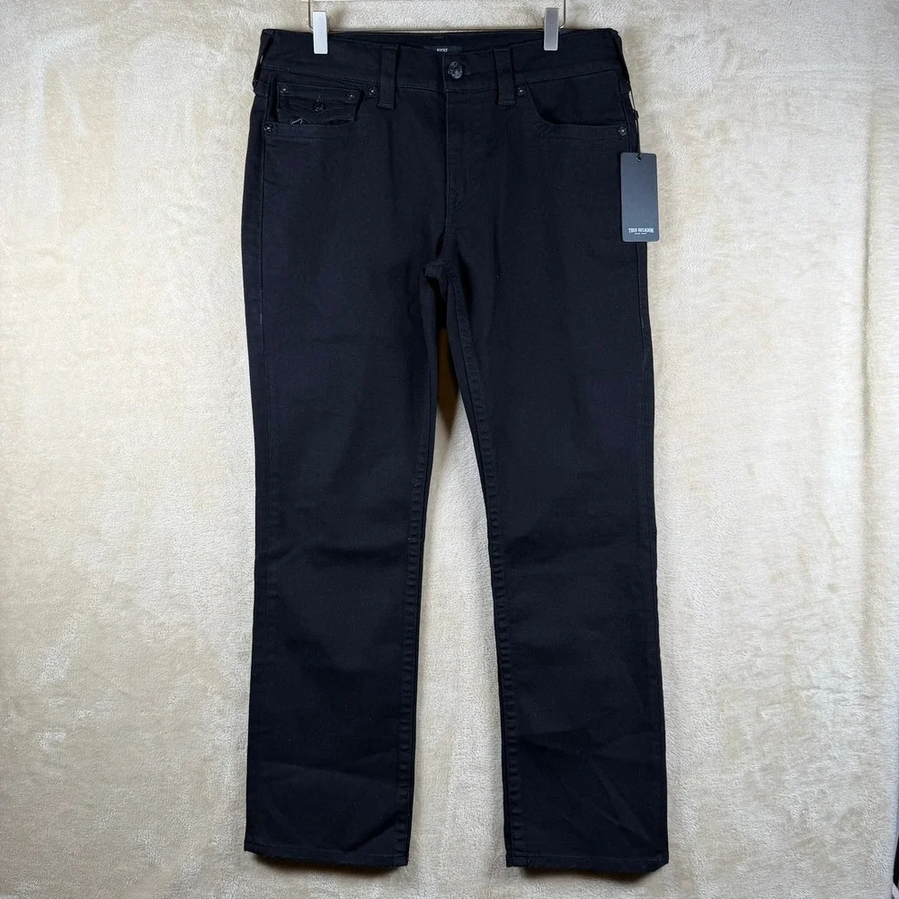 True Religion NWT Ricky Relaxed Straight Black Denim Jeans Mens 33X32‎