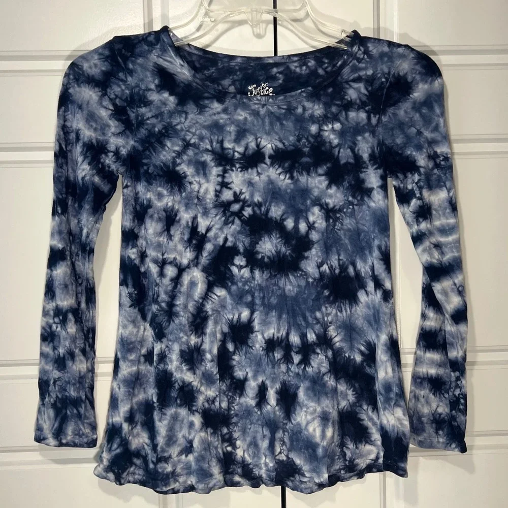 Justice Girls Flowy Long Sleeve Tunic Top Shirt Navy Blue White Tie Dye Size‎ S