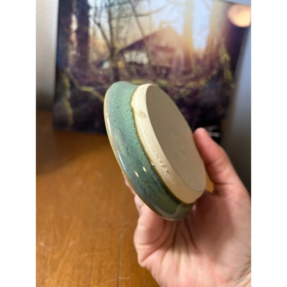 Studio Pottery Ceramic Ring Holder Dish Sage Green Glazed Jewelry Organizer Tray