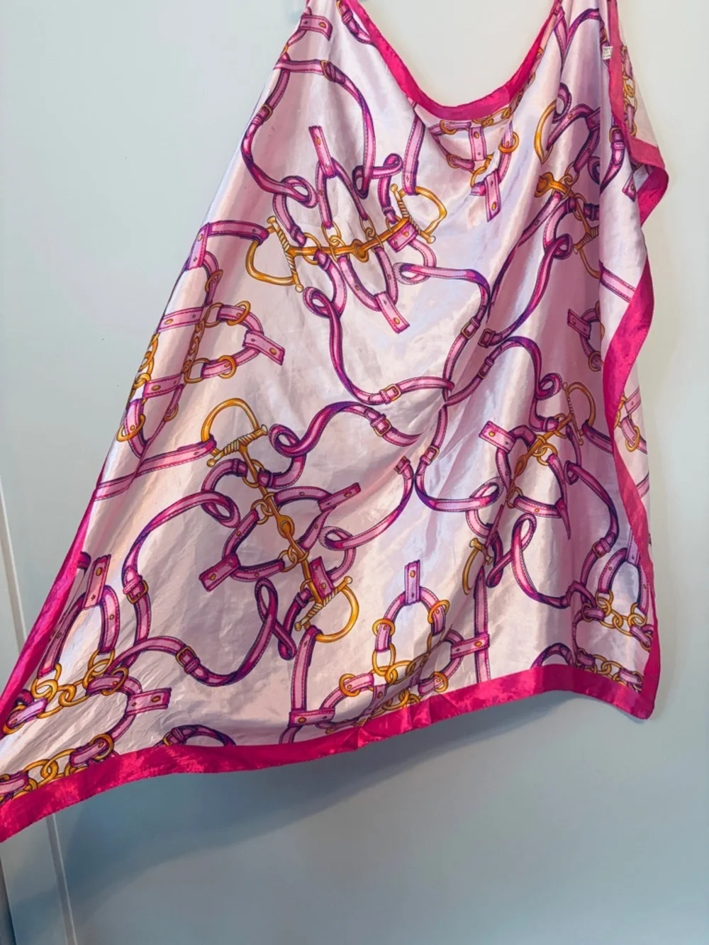 Silky Pink Chain Print Scarf with Magenta Border