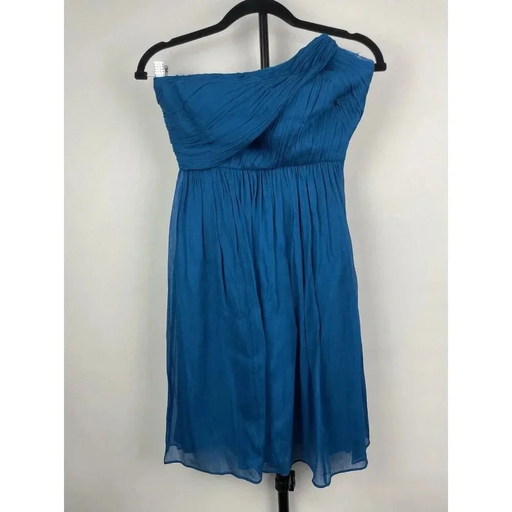 J. Crew Blue 100% Silk Crinkle Chiffon Flowy Strapless Mini‎ Dress Size 0P