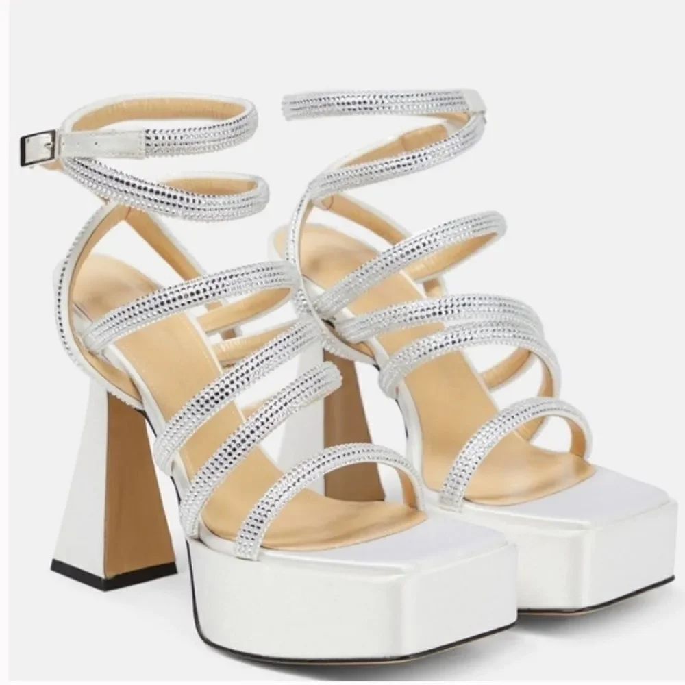 Revolve Mach & Mach White Sydney Embellished Satin Platform Sandals size 39.5