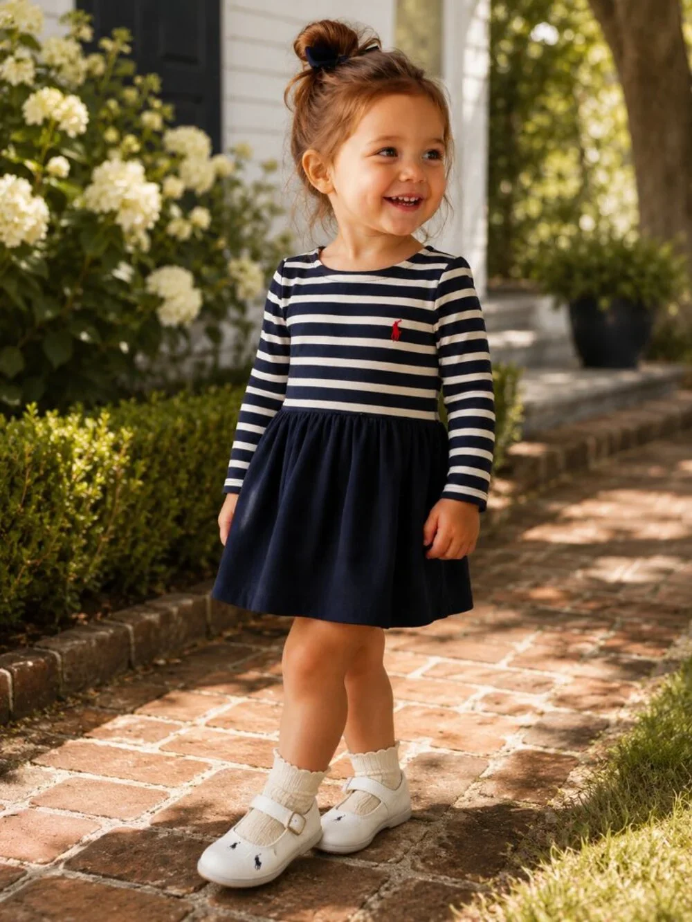Ralph Lauren Girls 2T Navy & White Striped Long Sleeve Dress Pony Logo