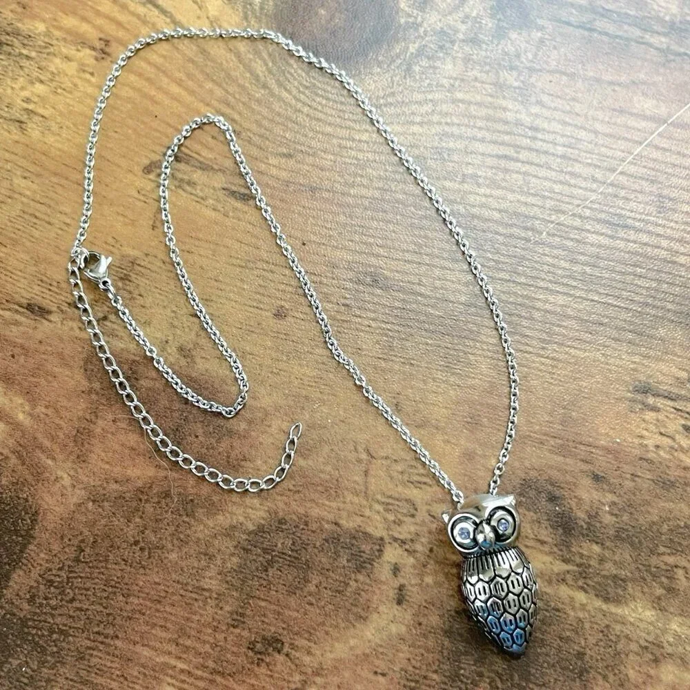 DSMK Silver Tone Stainless Steel Owl Pendant Necklace Crystal Eyes Designer