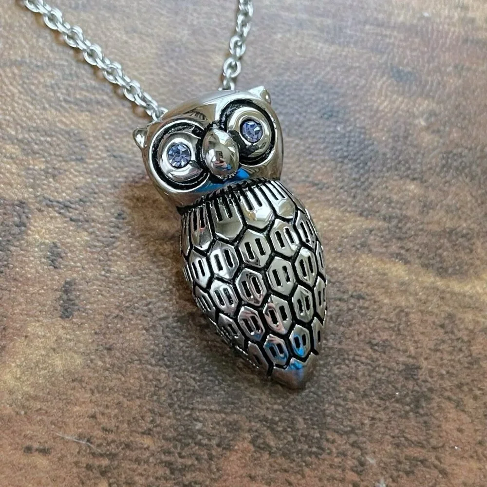 DSMK Silver Tone Stainless Steel Owl Pendant Necklace Crystal Eyes Designer