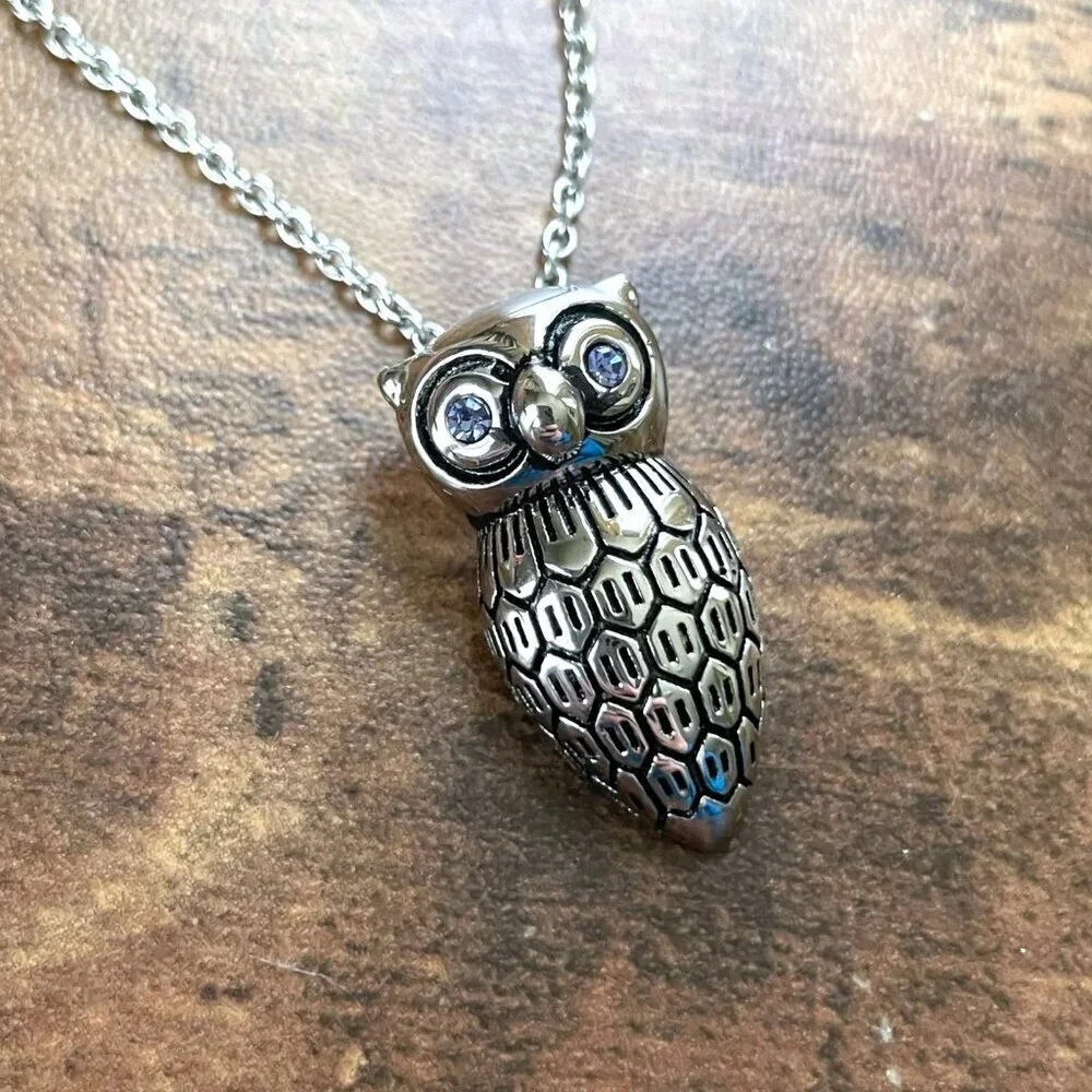 DSMK Silver Tone Stainless Steel Owl Pendant Necklace Crystal Eyes Designer