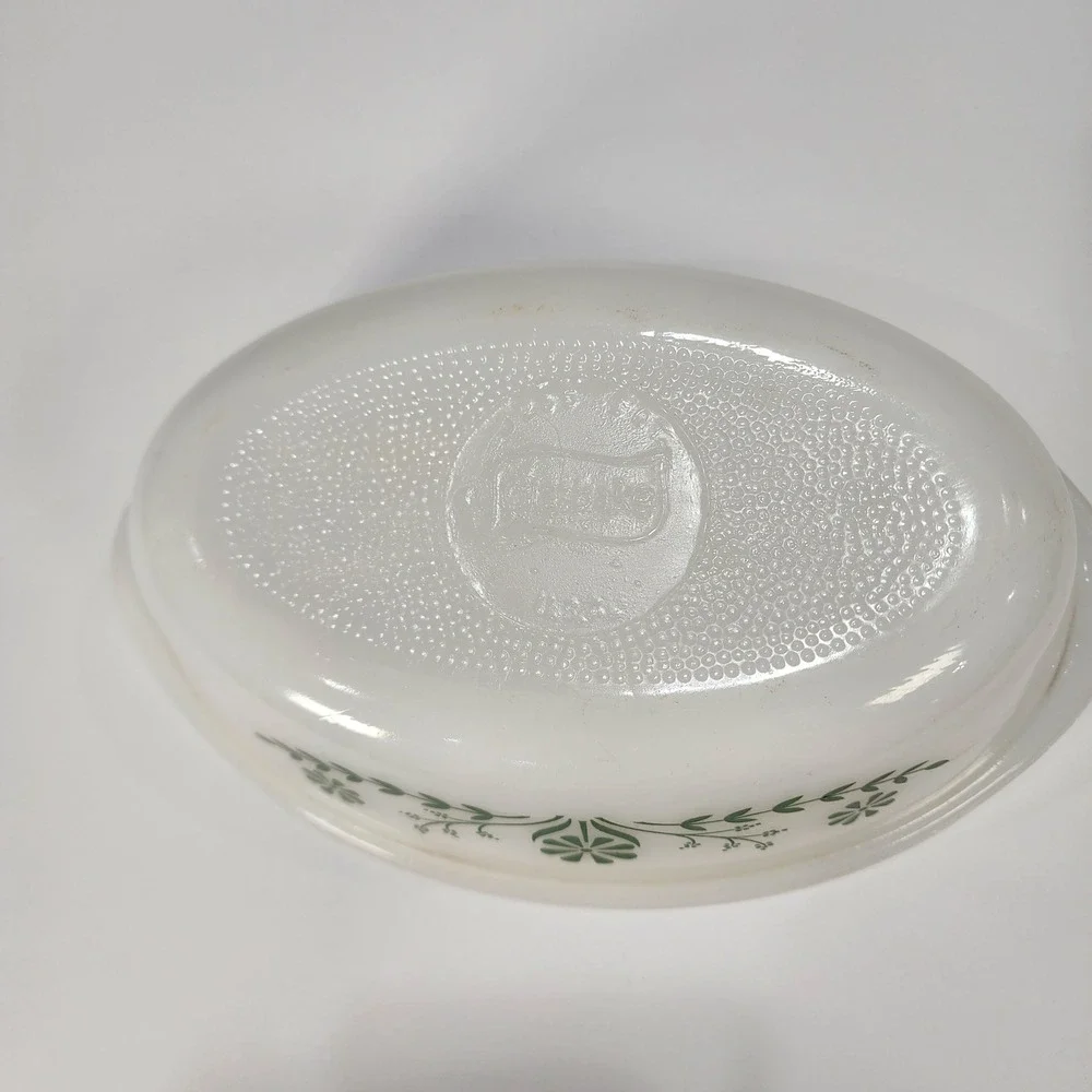 Vintage Glasbake Milk Glass Oval Casserole Dish Green Daisy Floral J-535 USA