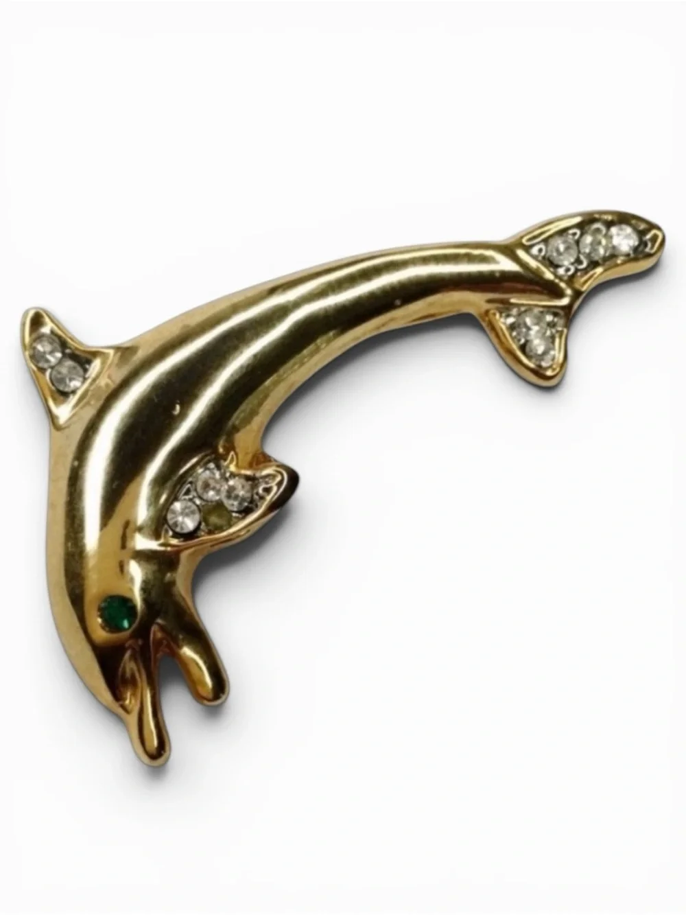 Vintage Gold‑Tone Dolphin Brooch – Green Rhinestone Eye - Playful & Coastal