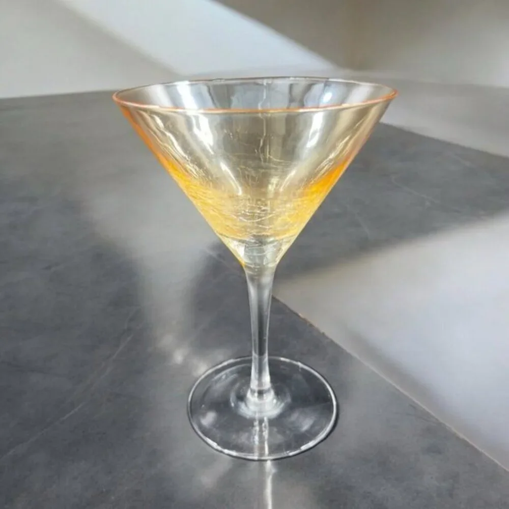Pier 1 Yellow Luster Martini Cup‎ Goblet Crackle Glass Drinking Glassware Single