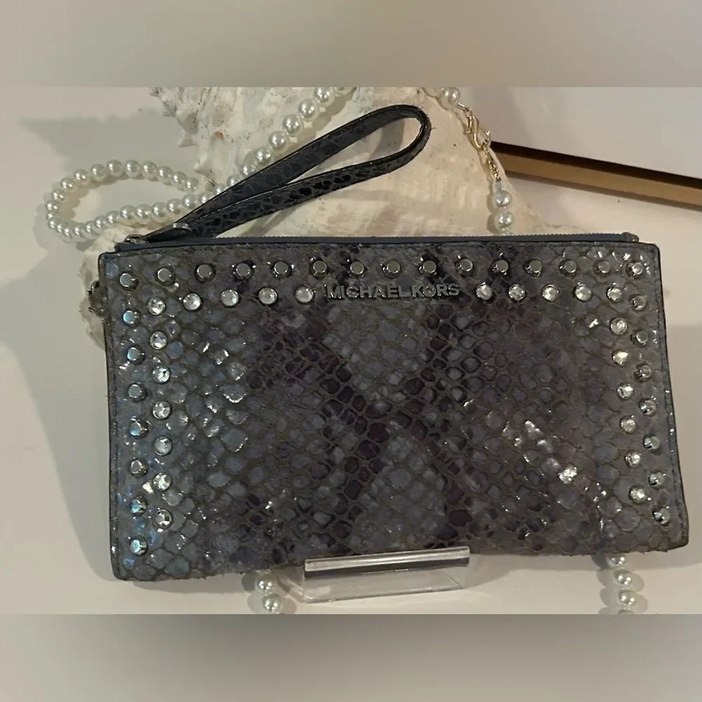 Michael Kors Blue Snakeskin Studded Leather Wristlet Clutch Wallet