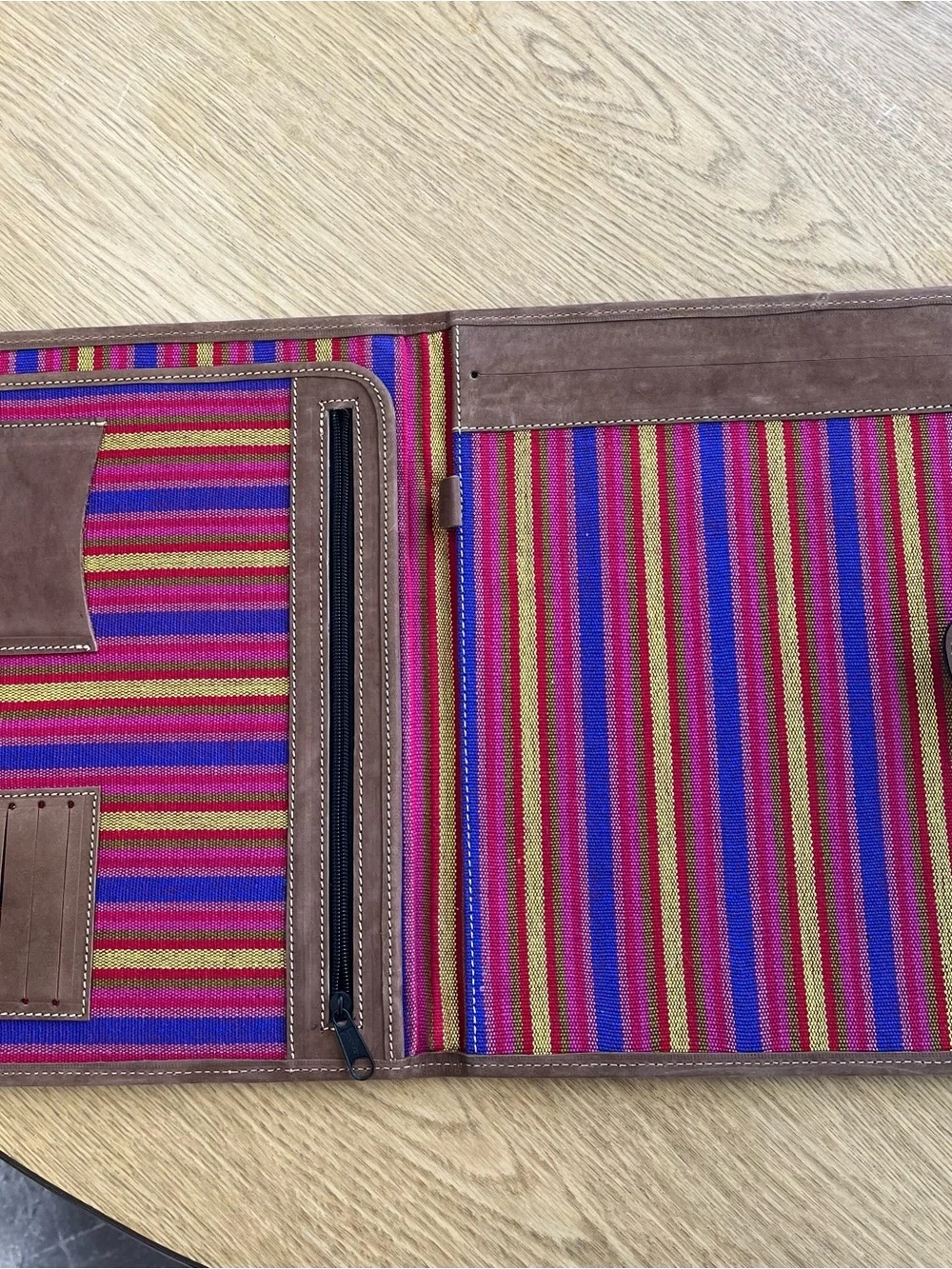 Striped Fabric and Leather Snap-Closure Portfolio