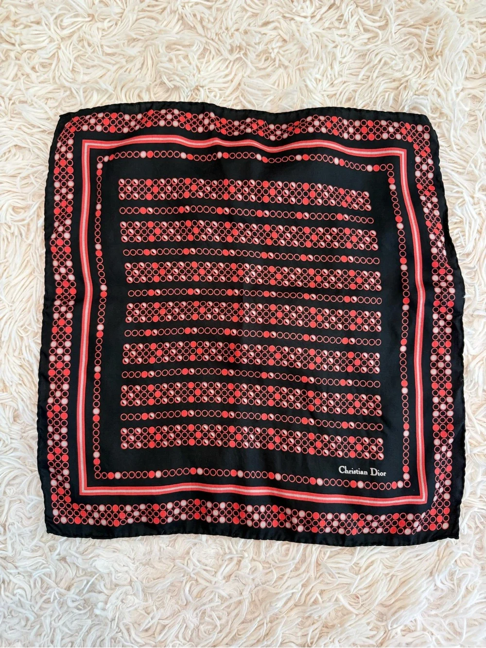 Christian Dior Vintage Red Black Polka Dot Silk Scarf 14x14 France