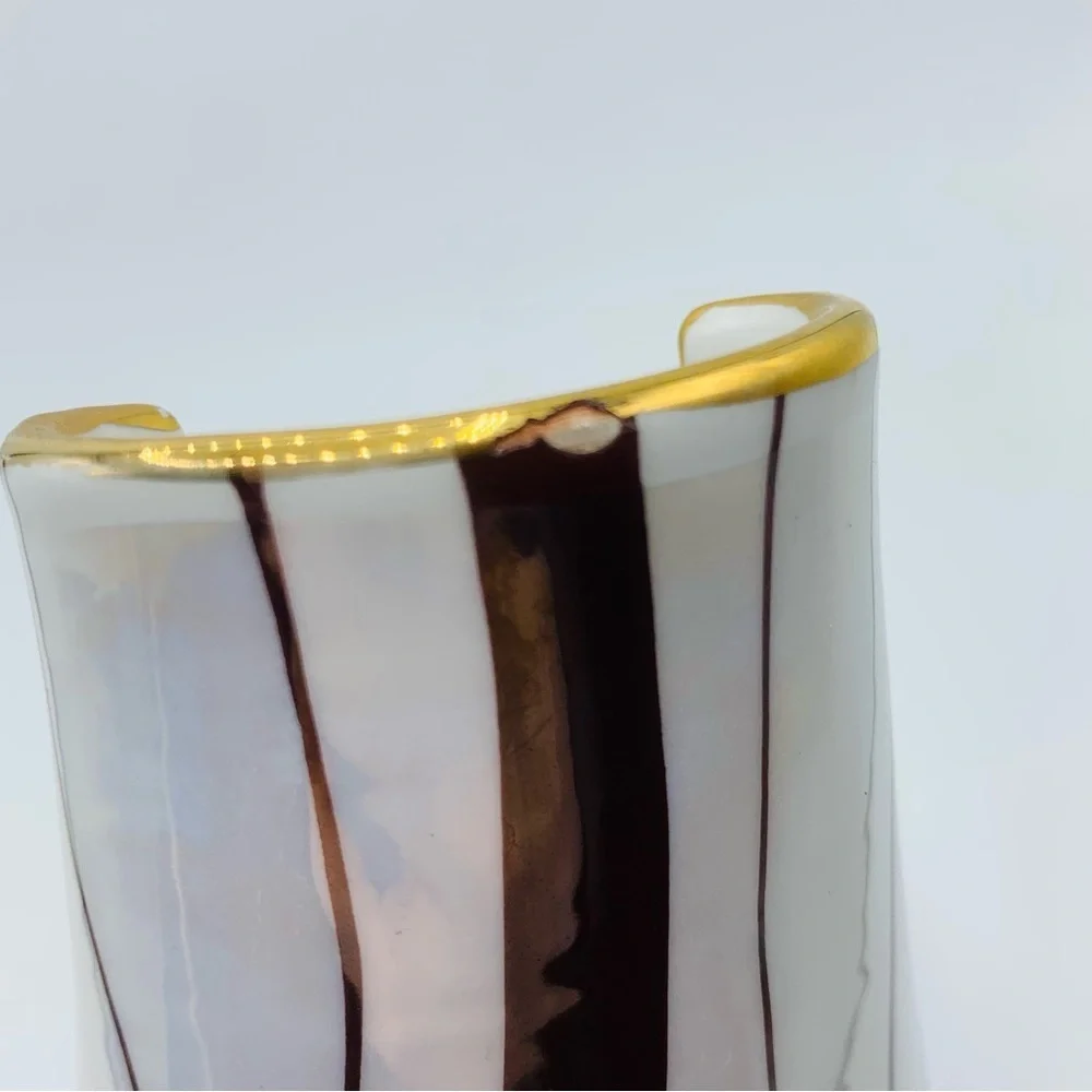 Vintage MCM Italian Iridescent Striped Vase with Gold Trim – 8.5”