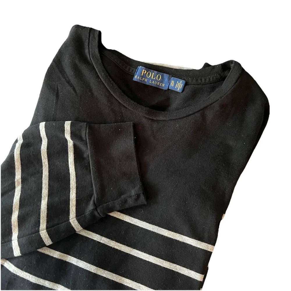 Polo Ralph Lauren XL/TG Black w/ Grey Stripe Long Sleeve Cotton Light Sweater‎
