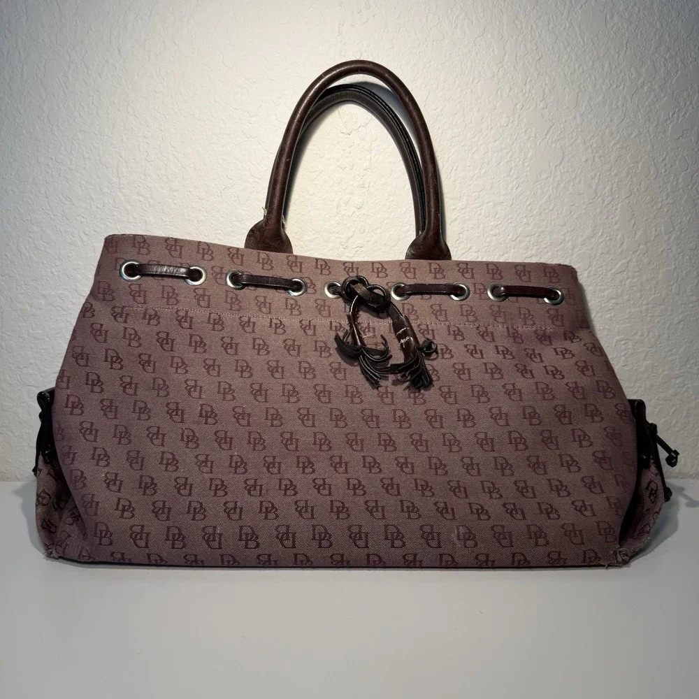 Dooney & Bourke Signature Canvas Satchel Logo Bag Double Leather Handles Tassels