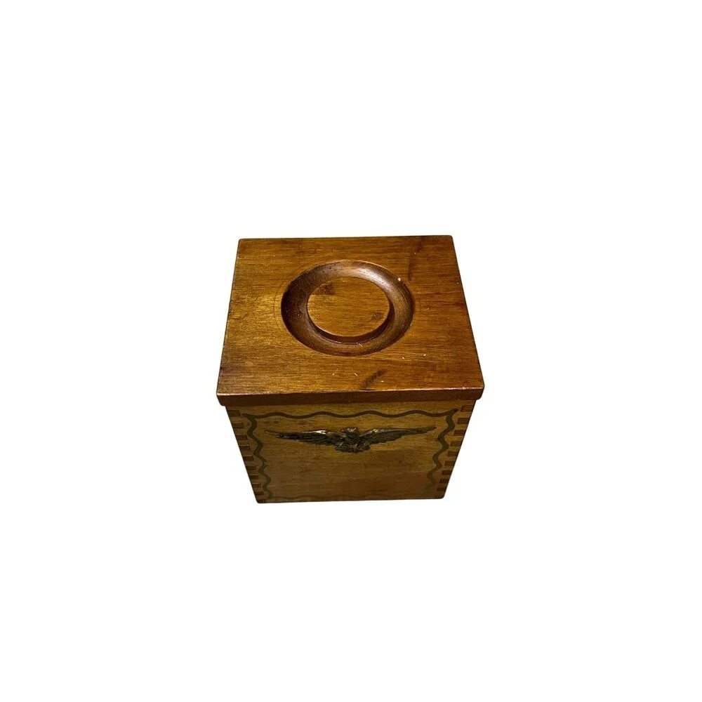 Vintage,‎ Wood Box/Canister Brass Eagle Emblem Dovetail Joints Kitchen