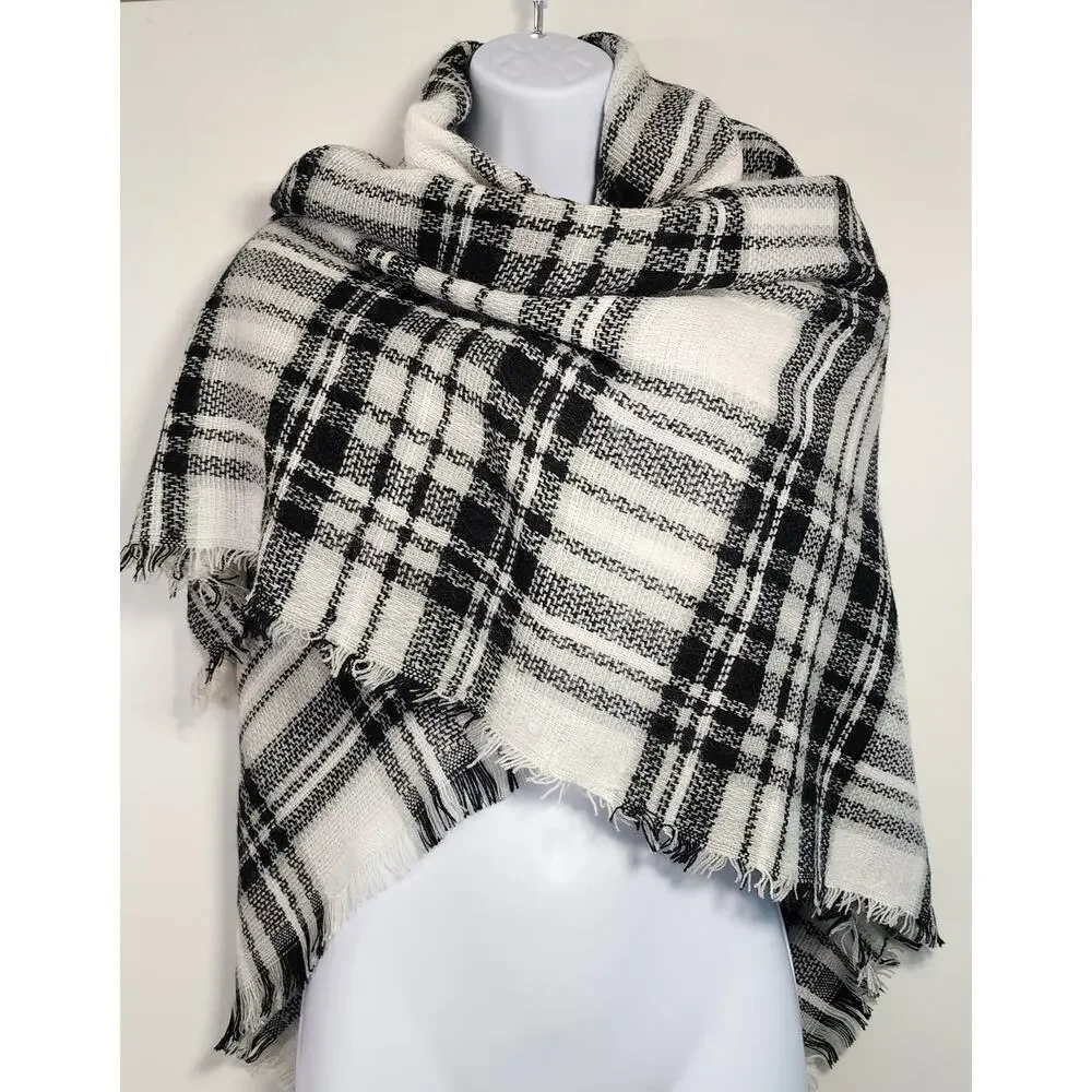 Black White Plaid‎ Fringe Blanket Scarf Shawl Wrap 52x52 NWT