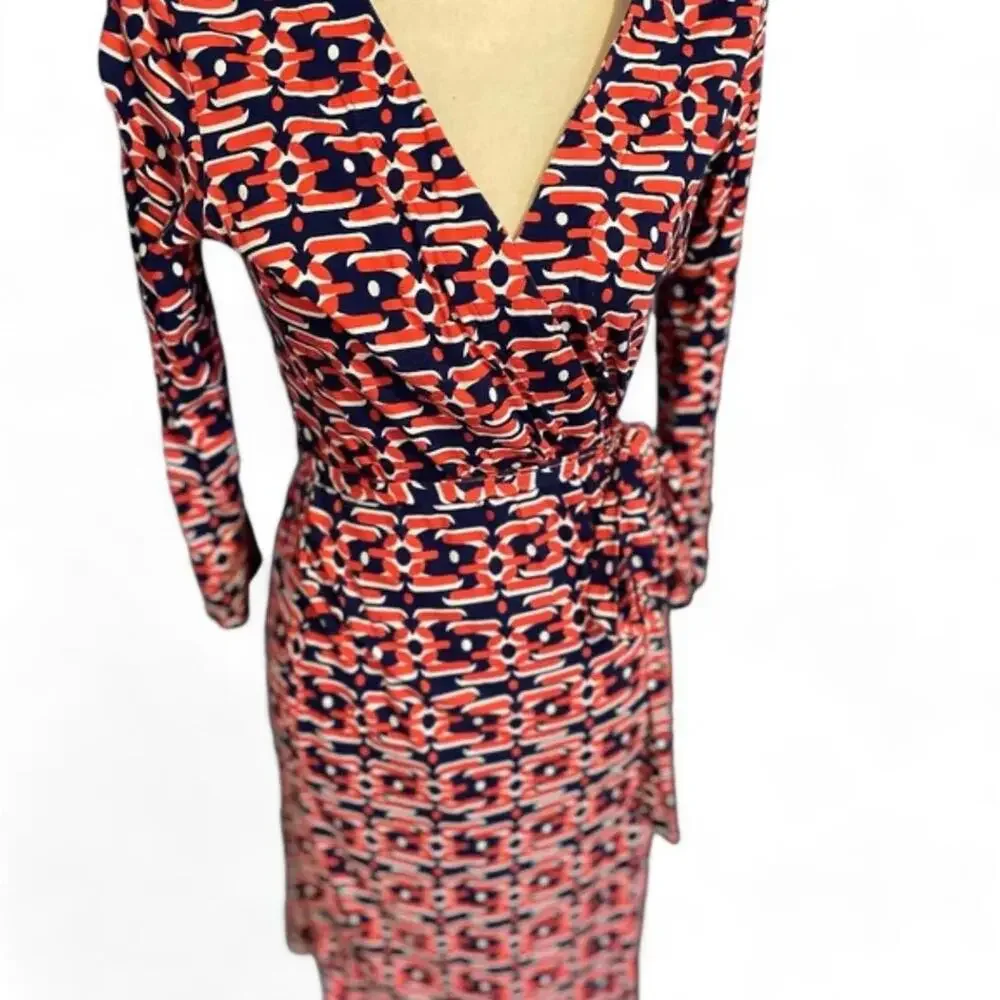 Felicity & Coco Wrap Dress Art Deco Print - Size XS Coral Red & Navy Long Sleeve