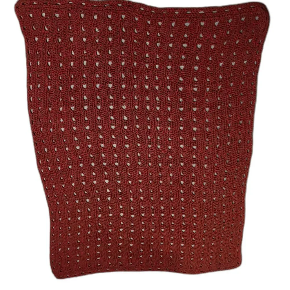 Vtg Christmas Afghan Red hint of Green Handmade open lacy stitch 59 x 43 inches