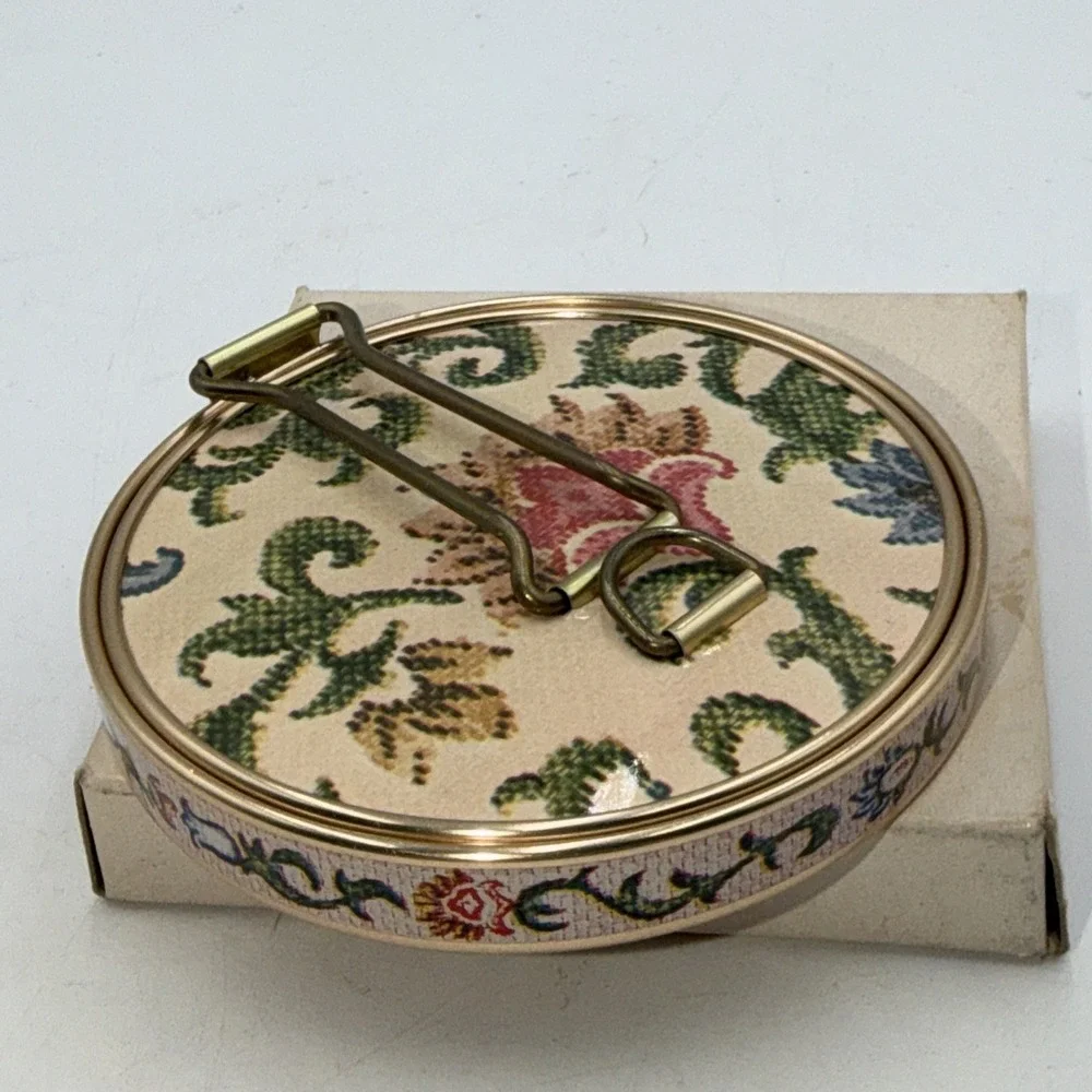 Vtg 60s Japan Round Folding Double-Mirror Compact W/Stand CrossStitch Floral Box