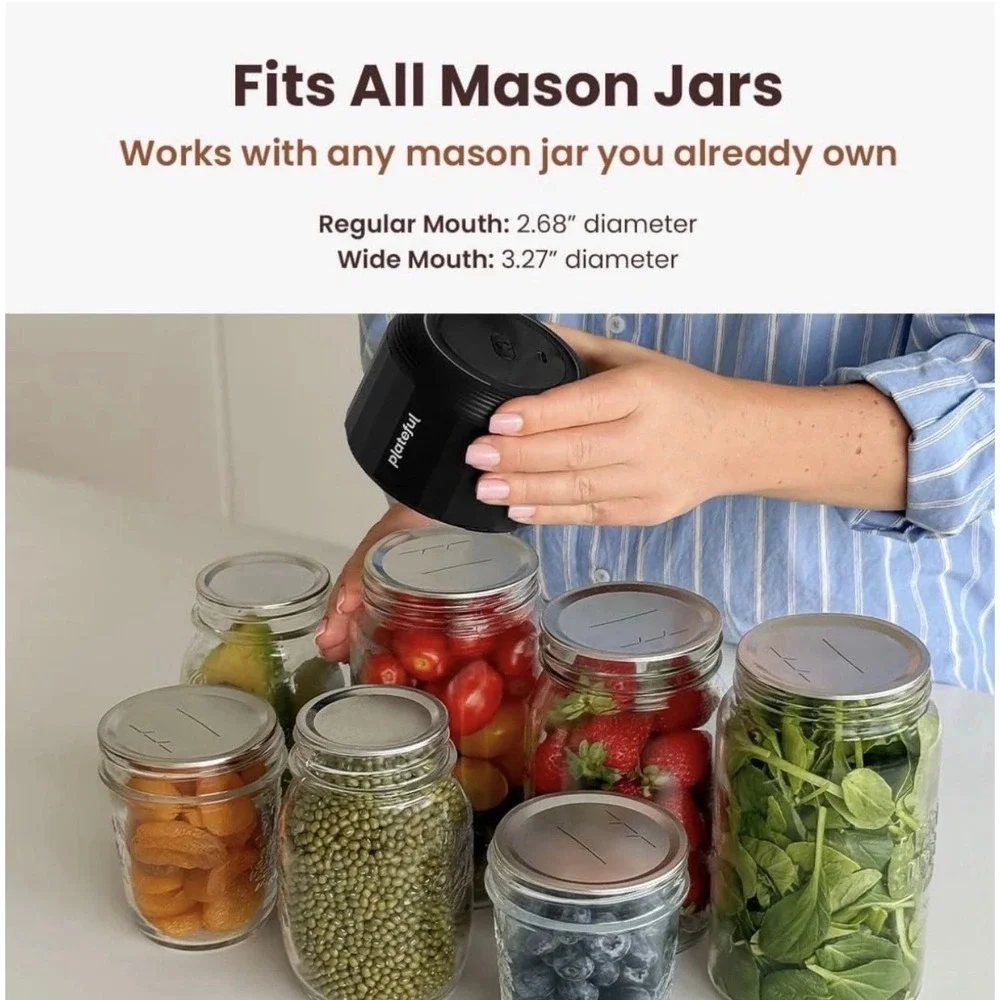 Plateful Electric Mason Jar Vacuum Sealer Black USB-C Rechargeable LED Display
