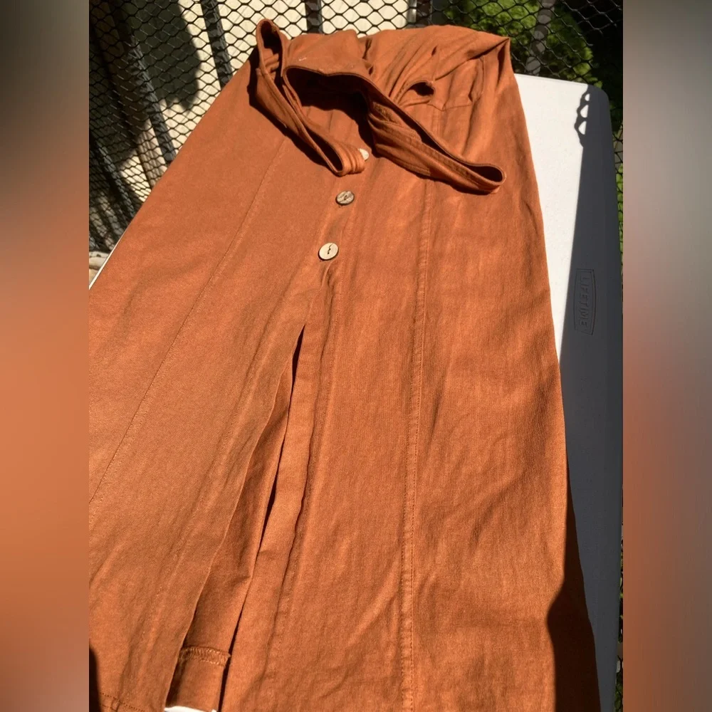 Free People 100% Cotton Wooden Button Front Pocket Front Orange Brown Dress