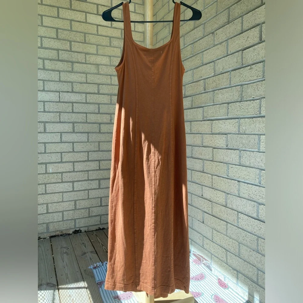 Free People 100% Cotton Wooden Button Front Pocket Front Orange Brown Dress