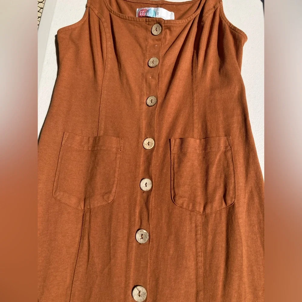 Free People 100% Cotton Wooden Button Front Pocket Front Orange Brown Dress
