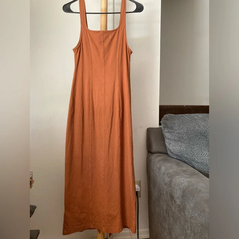 Free People 100% Cotton Wooden Button Front Pocket Front Orange Brown Dress
