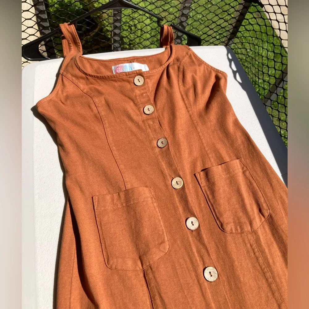 Free People 100% Cotton Wooden Button Front Pocket Front Orange Brown Dress