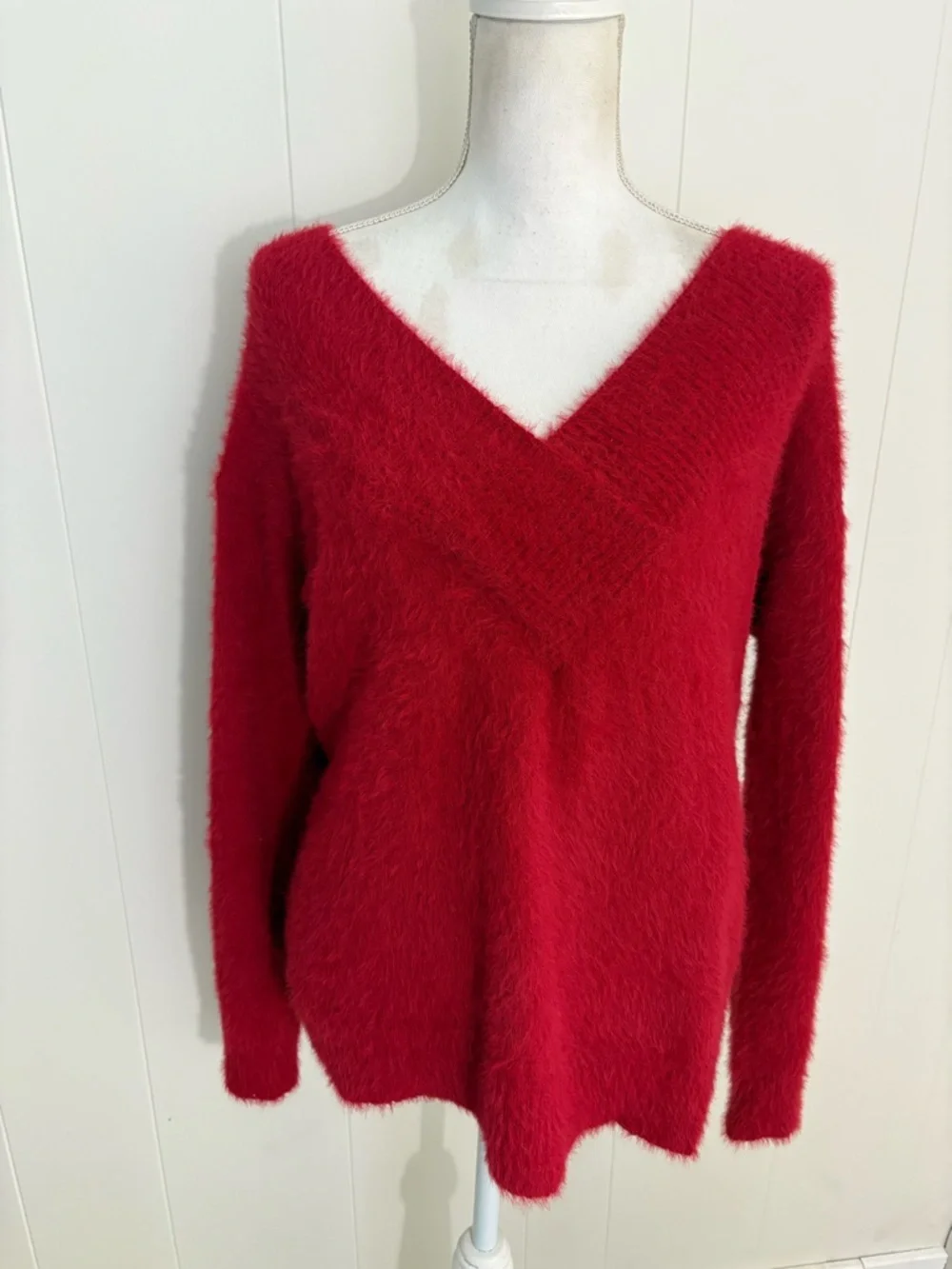 a new day Red Fuzzy V-Neck Pullover Sweater